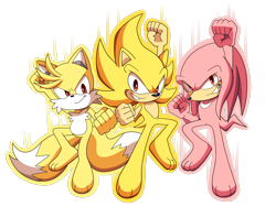 Size: 5900x4651 | Tagged: safe, artist:domestic maid, knuckles the echidna, miles "tails" prower, sonic the hedgehog, super knuckles, super sonic, super tails, 2025, absurd res, barefoot, clenched fists, clenched teeth, flying, gloves off, looking at viewer, mid-air, outline, shoes off, simple background, smile, smiling at viewer, socks off, super form, team sonic, transparent background, trio