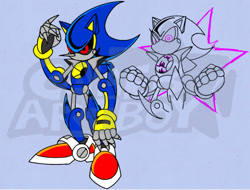 Size: 1170x891 | Tagged: safe, artist:calebartboy15, metal sonic, 2025, black sclera, blue background, clenched fists, obtrusive watermark, redesign, robot, simple background, solo, standing, watermark