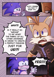 Size: 1280x1811 | Tagged: safe, artist:minniemaymalady, miles "tails" prower, nine, sonic the hedgehog, sonic prime, 2026, age difference, border, clenched teeth, comic, dialogue, duo, english text, fangs, frown, gay, mouth open, nine x sonic, shipping, sonic prime s3, sonic x tails, talking, text, yelling