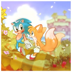 Size: 1186x1185 | Tagged: safe, artist:rd_mhz, miles "tails" prower, sonic the hedgehog, green hill zone, 2026, abstract background, blushing, border, classic sonic, classic tails, clouds, cute, daytime, duo, flower, grass, holding hands, looking at each other, mouth open, one fang, open smile, orange brown checkerboard, outdoors, plant, smile, smiling at each other, sunflower, treads, walking