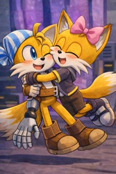 Size: 1024x1536 | Tagged: safe, ai art, miles "tails" prower, nine, sails, sonic prime, 2026, abstract background, blushing, bow, duo, hugging, looking at them, mouth open, one eye closed, open smile, prompter:tailsfantoo, self paradox, smile