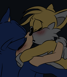 Size: 1372x1577 | Tagged: suggestive, miles "tails" prower, sonic the hedgehog, aged up, anonymous artist, black background, blushing, dark, duo, eyes closed, flat colors, furbooru import, gay, holding each other, kiss, mouth open, saliva, saliva trail, shipping, simple background, sonic x tails
