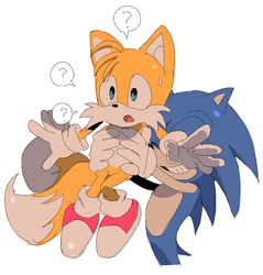 Size: 800x836 | Tagged: safe, artist:gg1231231231233, miles "tails" prower, sonic the hedgehog, 2026, age difference, carrying them, confused, duo, eyes closed, gay, holding them, lifting them, mouth open, question mark, shipping, simple background, smile, sonic x tails, speech bubble, surprised, sweatdrop, white background