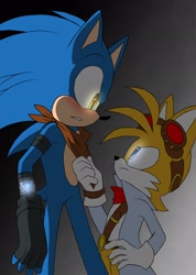Size: 1460x2048 | Tagged: safe, artist:shadely_boom, miles "tails" prower, sonic the hedgehog, 2025, age difference, aged up, alternate outfit, alternate universe, bandana, black gloves, blushing, duo, fingerless gloves, frown, gay, glowing eyes, goggles, grabbing, gradient background, lab coat, looking at each other, shipping, sonic x tails, standing