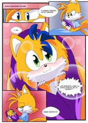 Size: 1460x2048 | Tagged: safe, artist:shadely_boom, miles "tails" prower, oc, oc:tanic the hedgehog-fox, fox, hedgehog, hybrid, 2024, :3, baby, blushing, carrying them, crying, cute, dialogue, duo, fankid, heart, implied mpreg, implied pregnancy, implied sonic, meme, nine months in my womb, ocbetes, parent:sonic, parent:tails, parents:sontails, smile, sontails week, spanish text, speech bubble, talking, tears, tears of happiness, text