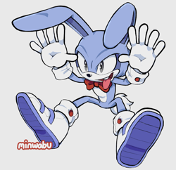 Size: 819x792 | Tagged: safe, artist:minwabu, feels the rabbit, rabbit, 2026, bowtie, buck teeth, grey background, hands up, looking offscreen, mouth open, open smile, simple background, solo, tongue out, treads