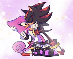 Size: 1905x1546 | Tagged: safe, artist:aleespace-art, espio the chameleon, shadow the hedgehog, 2026, blushing, duo, eyes closed, gay, holding each other, kiss, looking at them, shadpio, shipping, sparkles, sparkling eyes, surprise kiss, surprised