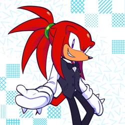 Size: 1000x1000 | Tagged: safe, artist:woniksonik, knuckles the echidna, 2026, alternate hairstyle, alternate outfit, clenched teeth, hand out, looking at viewer, ponytail, redraw, smile, solo, suit