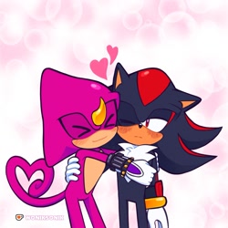 Size: 1961x1961 | Tagged: safe, artist:woniksonik, espio the chameleon, shadow the hedgehog, 2026, blushing, cute, duo, espibetes, eyes closed, frown, gay, heart, hugging, looking at them, one eye closed, shadowbetes, shadpio, shipping, smile, standing