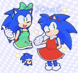Size: 2048x1910 | Tagged: safe, artist:woniksonik, sonic the hedgehog, 2025, amy's halterneck dress, character name, crossdressing, cute, dress, femboy, headband, looking at viewer, looking offscreen, mouth open, open smile, outfit swap, pointing, smile, solo, sonabetes, standing, star (symbol), text