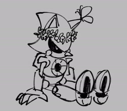 Size: 2048x1791 | Tagged: safe, artist:frostiios, metal sonic, 2023, black sclera, bug, butterfly, flower, flower crown, grey background, greyscale, line art, monochrome, simple background, sitting, solo, treads