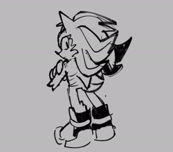 Size: 2048x1791 | Tagged: safe, artist:frostiios, shadow the hedgehog, 2023, chest fluff, frown, fur markings, grey background, greyscale, leg fluff, line art, looking at viewer, looking back, looking back at viewer, monochrome, simple background, solo, standing