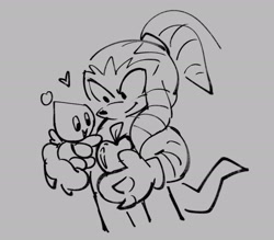 Size: 2048x1791 | Tagged: safe, artist:frostiios, knuckles the echidna, chao, 2023, alternate hairstyle, apple, carrying them, duo, food, fruit, fur markings, grey background, greyscale, heart, holding something, holding them, line art, looking at something, looking at them, monochrome, neutral chao, ponytail, simple background, smile, standing