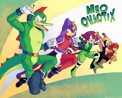 Size: 1434x1146 | Tagged: safe, artist:general-radix, juanita the chameleon, salma the chameleon, oc, oc:gaea, oc:malus the armadillo, armadillo, crocodile, 2023, argyle the crocodile, chameleon, english text, frown, group, looking at viewer, looking offscreen, mid-air, mobius: 25 years later, mouth open, next generation, open smile, smile, team chaotix, text