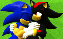 Size: 1920x1200 | Tagged: safe, artist:elose, artist:kabalmystic, artist:thehypercombine12, artist:zilla1998yt, shadow the hedgehog, sonic the hedgehog, 2025, 3d, cuddling, duo, eyes closed, gay, hug, lidded eyes, looking at them, sfm, shadow x sonic, shipping, smile