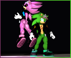 Size: 3950x3239 | Tagged: safe, artist:kabalmystic, scourge the hedgehog, super scourge, 2018, 3d, black background, border, butt, duality, flying, looking at viewer, mid-air, mouth open, simple background, smile, smiling at viewer, standing, super form