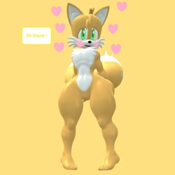 Size: 1080x1080 | Tagged: safe, artist:katfox, oc, oc:sunny the fox, fox, 2024, 3d, barefoot, blushing, cute, dialogue, english text, heart, looking at viewer, not tails, oc only, ocbetes, simple background, smile, solo, standing, text, two tails, yellow background
