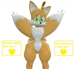 Size: 1160x1080 | Tagged: safe, artist:katfox, oc, oc:sunny the fox, fox, 2024, 3d, blushing, dialogue, english text, looking at viewer, not tails, oc only, simple background, smile, solo, standing, text, two tails, white background