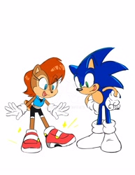 Size: 2550x3300 | Tagged: safe, artist:twincubcakes, sally acorn, sonic the hedgehog, chipmunk, hedgehog, 2025, duo, female, male, sally's ringblader outfit, shoe swap, simple background, watermark, white background