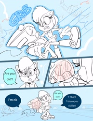 Size: 2550x3300 | Tagged: safe, artist:twincubcakes, sally acorn, sonic the hedgehog, chipmunk, hedgehog, 2025, blushing, catch, comic, destroyed robot, dialogue, duo, english text, female, male, phantom rider, robot, sally x sonic, shipping, speech bubble, straight, watermark