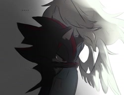 Size: 1301x1000 | Tagged: safe, artist:hanzcaty, maria robotnik, shadow the hedgehog, human, sonic x shadow generations, ..., 2024, angel, angel wings, crying, duo, gradient background, hugging, lidded eyes, sad, tears