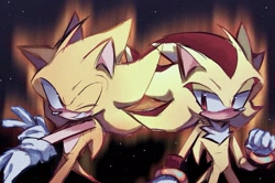 Size: 1251x829 | Tagged: safe, artist:hanzcaty, shadow the hedgehog, sonic the hedgehog, super shadow, super sonic, 2024, blushing, clenched fist, cute, duo, frown, looking at viewer, shadowbetes, smile, sonabetes, space, star (sky), super form, v sign, wink