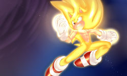 Size: 5000x3000 | Tagged: safe, artist:krazyelf, sonic the hedgehog, super sonic, hedgehog, 2022, abs, absurd res, clenched fist, clenched teeth, flying, looking offscreen, mid-air, solo, star (sky), super form