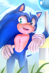Size: 1500x2200 | Tagged: safe, artist:krazyelf, sonic the hedgehog, hedgehog, sonic the hedgehog (2020), 2022, abstract background, daytime, fangs, grass, leaning, looking offscreen, mouth open, open smile, outdoors, smile, solo, standing, star post