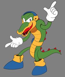 Size: 1360x1600 | Tagged: safe, artist:velveticicle, vector the crocodile, 2025, classic vector, flat colors, grey background, mouth open, open smile, pointing, simple background, smile, solo, standing