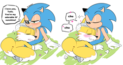 Size: 4843x2560 | Tagged: safe, artist:smommo, miles "tails" prower, sonic the hedgehog, 2025, age difference, bandage, blushing, chu, classic sonic, classic tails, comforting, cuddling, dialogue, duo, english text, eyes closed, gay, grass, hand on head, heart, injured, kiss, kiss on head, lidded eyes, shipping, sitting, sonic x tails, speech bubble, text, treads
