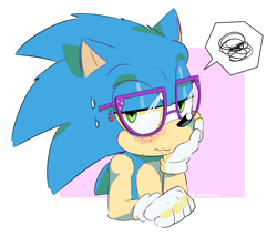 Size: 2717x2322 | Tagged: safe, artist:smommo, sonic the hedgehog, hedgehog, 2025, blushing, clenched fist, freckles, frown, glasses, head rest, headcanon, lidded eyes, solo, sonic is not amused, speech bubble, squiggle, sweatdrop, unamused