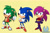 Size: 2160x1441 | Tagged: safe, artist:fanamationda, sonia the hedgehog, sonic the hedgehog, hedgehog, sonic underground, 2026, arms folded, brother and sister, brothers, classic sonic, drumstick, hands on hips, holding something, manic the hedgehog, mouth open, open smile, siblings, simple background, smile, standing, trio, yellow background