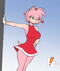Size: 1675x2000 | Tagged: safe, artist:scorpdk, amy rose, cross popping vein, female, frown, gradient background, hand on hip, leaning, lidded eyes, looking offscreen, solo, speech bubble