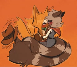 Size: 2048x1789 | Tagged: safe, artist:macmonsterart, tangle the lemur, whisper the wolf, abstract background, blushing, duo, female, hat, holding each other, holding something, tail hand