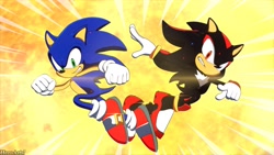 Size: 2048x1152 | Tagged: safe, artist:heroarts3d, shadow the hedgehog, sonic the hedgehog, sonic adventure 2, 2026, clenched fists, duo, frown, looking at viewer, mid-air, moon, nighttime, outdoors, redraw, smile