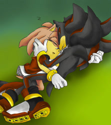 Size: 1240x1394 | Tagged: safe, artist:aimy_neko, artist:rockgothicgirl, editor:rockgothicgirl, amy rose, shadow the hedgehog, 2014, age difference, amy x shadow, color edit, cuddling, duo, eyes closed, gradient background, holding each other, lying down, shipping, sleeping, straight, zzz
