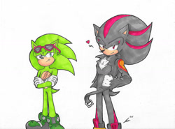 Size: 1280x946 | Tagged: safe, artist:rockgothicgirl, scourge the hedgehog, shadow the hedgehog, hedgehog, 2024, arms folded, duo, frown, grey background, hand on hip, heart, lidded eyes, looking at viewer, outfit swap, redraw, scourge's jacket and sunglasses, signature, simple background, smile, traditional media