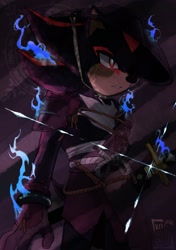 Size: 1440x2048 | Tagged: safe, artist:k0taou, shadow the hedgehog, 2026, clothes, demon hunter outfit, fire, flame, frown, looking offscreen, shine, solo, standing