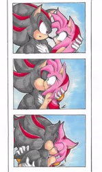 Size: 1789x3006 | Tagged: safe, artist:rockgothicgirl, amy rose, shadow the hedgehog, 2024, age difference, amy x shadow, blushing, comic, duo, eyes closed, holding each other, kiss, looking at each other, shipping, straight, surprise kiss, surprised