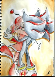 Size: 822x1136 | Tagged: safe, artist:rockgothicgirl, amy rose, shadow the hedgehog, 2014, age difference, amy x shadow, blushing, duo, exclamation mark, eyes closed, heart, holding them, hugging, kiss, shipping, standing, straight, surprise kiss, surprised, traditional media