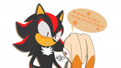 Size: 2048x1152 | Tagged: safe, artist:lucianolenz, cream the rabbit, shadow the hedgehog, 2021, age difference, blushing, dialogue, duo, english text, looking at each other, shadream, shipping, signature, simple background, speech bubble, standing, straight, talking, text, white background