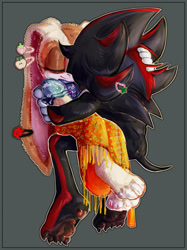 Size: 1762x2352 | Tagged: safe, artist:boogie-woogie-clown, cream the rabbit, shadow the hedgehog, 2026, age difference, aged up, alternate outfit, alternate universe, barefoot, border, claws, duo, eyes closed, grey background, hair clip, hugging, outline, pawpads, paws, shadream, shipping, simple background, smile, straight