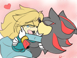Size: 1024x768 | Tagged: safe, artist:darksweetnothing, maria robotnik, shadow the hedgehog, oc, oc:maria the hedgehog, hedgehog, 2015, age difference, crying, duo, eye clipping through hair, eyes closed, flat colors, floppy ears, holding each other, holding them, hugging, kiss, kiss on head, maria x shadow, mobianified, pseudo-incest, shipping, signature, smile, straight, tears, tears of happiness