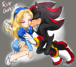 Size: 1200x1060 | Tagged: safe, artist:garugirosonicshadow, maria robotnik, shadow the hedgehog, human, 2014, age difference, blushing, duo, eyes closed, fingers through hair, gradient background, kneeling, lidded eyes, maria x shadow, pseudo-incest, shipping, signature, sitting, smile, straight, text