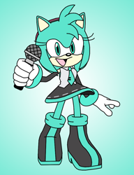 Size: 720x936 | Tagged: safe, amy rose, hedgehog, cosplay, gradient background, hatsune miku, holding something, looking at viewer, microphone, mouth open, open smile, outfit swap, smile, smiling at viewer, solo, tie
