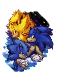 Size: 1000x1367 | Tagged: safe, artist:swirlymuse, sonic the hedgehog, super sonic, hedgehog, 2018, arms folded, cheek fluff, chest fluff, classic sonic, fluffy, frown, looking at viewer, looking offscreen, self paradox, simple background, smile, super form, trio, white background