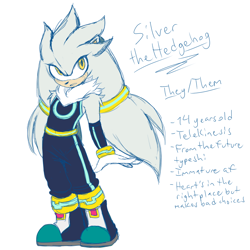 Size: 1000x1000 | Tagged: safe, artist:xxsempoixcookiexx, silver the hedgehog, hedgehog, 2026, character name, clothes, english text, nonbinary, nonbinary silver, pronouns, redesign, simple background, solo, solo nonbinary, standing, text, white background