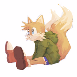 Size: 3000x3000 | Tagged: safe, artist:mmeimono, miles "tails" prower, fox, 2026, alternate outfit, clenched teeth, clothes, hoodie, looking offscreen, shorts, simple background, sitting, solo, treads, white background