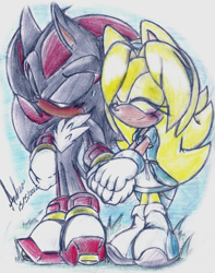 Size: 1323x1678 | Tagged: safe, artist:andreahedgehog, maria robotnik, shadow the hedgehog, oc, oc:maria the hedgehog, hedgehog, 2012, age difference, blushing, duo, eyes closed, holding hands, maria x shadow, mobianified, pseudo-incest, shipping, signature, smile, standing, straight, traditional media