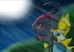 Size: 798x564 | Tagged: safe, artist:andreahedgehog, maria robotnik, shadow the hedgehog, oc, oc:maria the hedgehog, hedgehog, 2011, abstract background, age difference, blushing, duo, eyes closed, grass, hugging, kiss, maria x shadow, mobianified, moon, nighttime, outdoors, pseudo-incest, shipping, shooting star, signature, standing, star (sky), straight